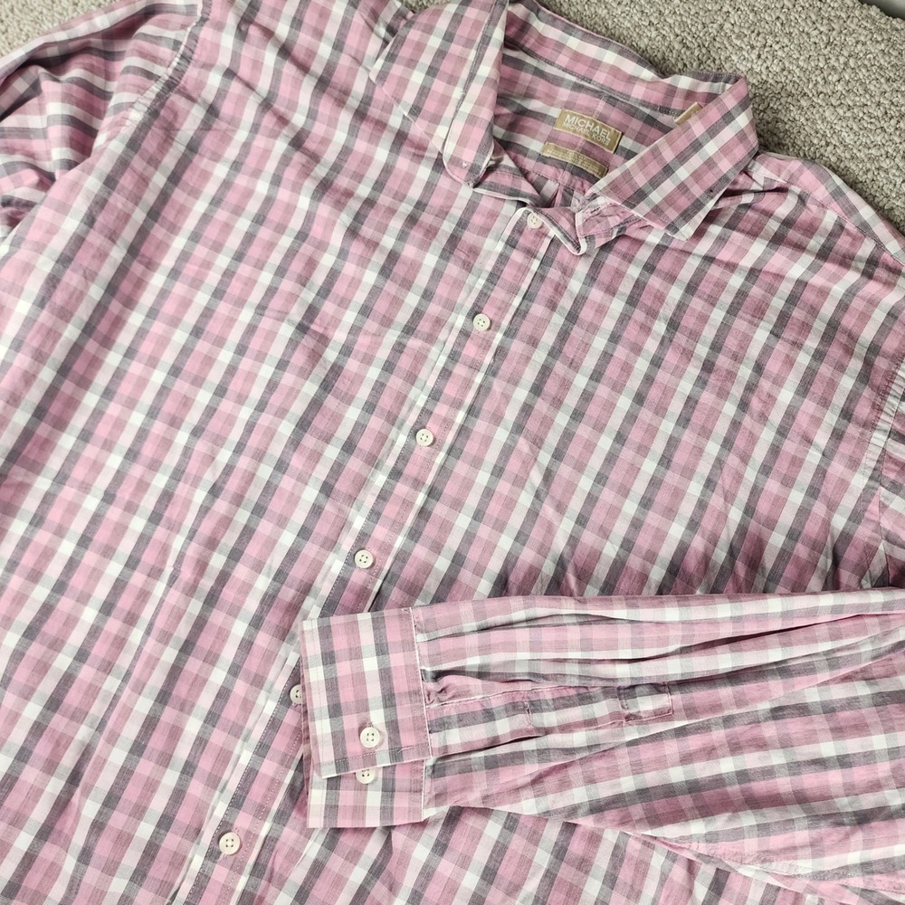 Michael Kors Button Down Shirt XL Tall Plaid Cotton Performance Pink Grey Fit